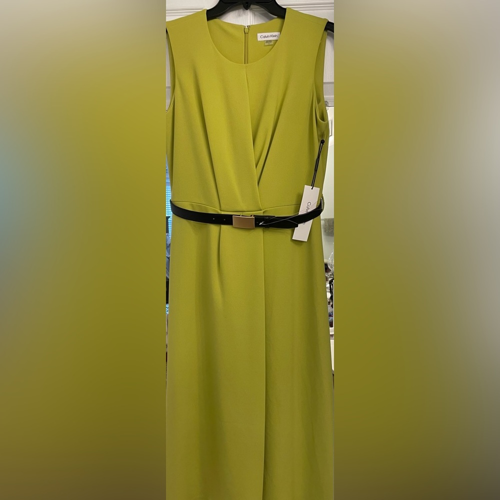 Lime green Calvin Klein mid length dress belted.